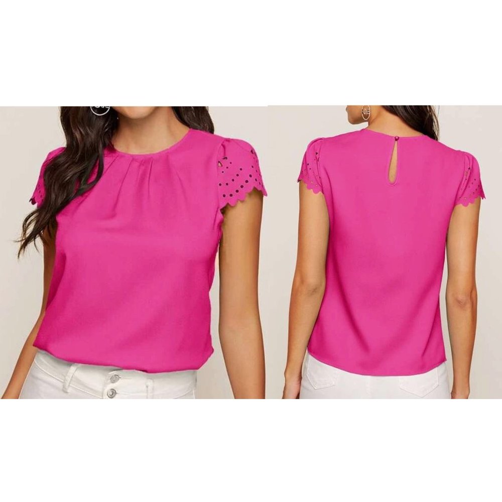 Shein Scallop Trim Laser Cut Sleeve Pleated Detail Top - Hot Pink - Size M